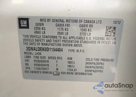 2013 Chevrolet Equinox 1Lt из США, поврежденный, VIN 2GNALDEK8D1194484